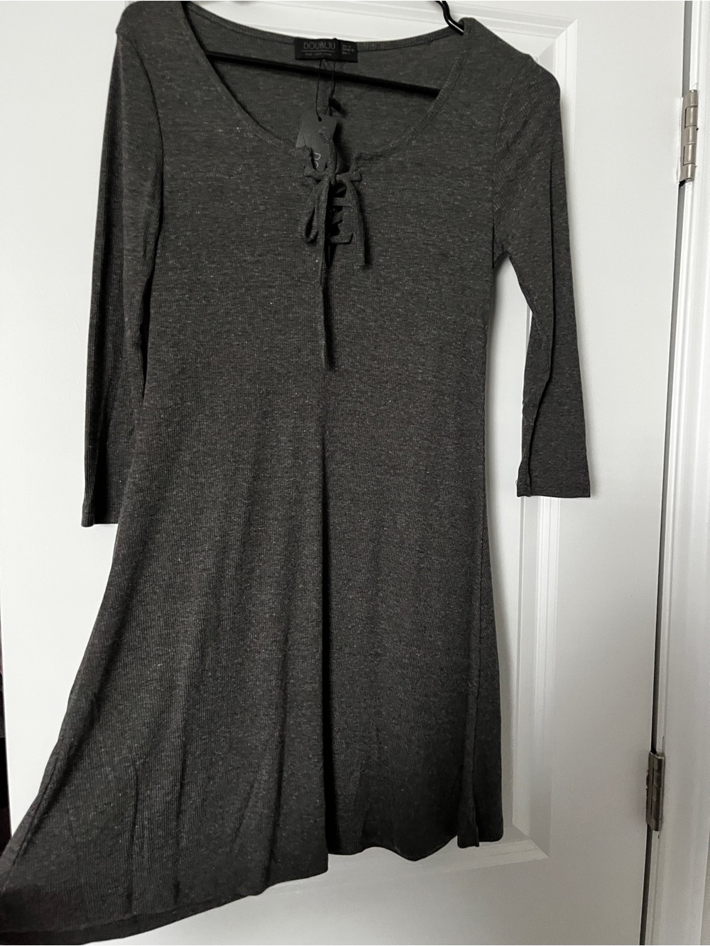 Doublju Dark Gray Long Sleeve Lace-Up A-Line Dress